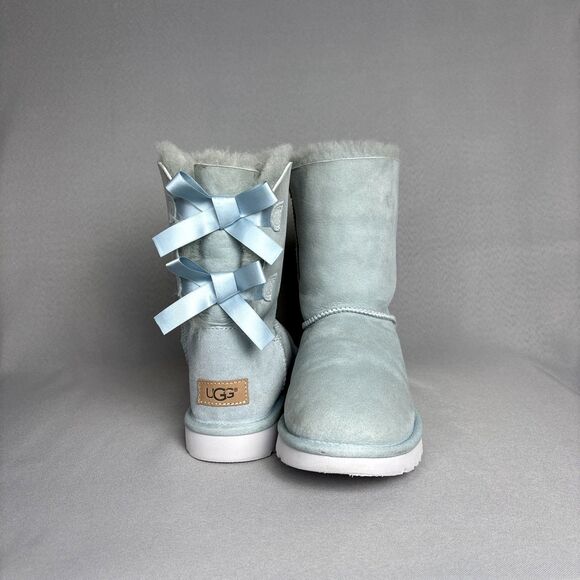 Womens 8 Ugg Boots Bailey Bow Ether Baby Blue Suede Sheepskin Coquette Very Rare - Picture 3 of 16